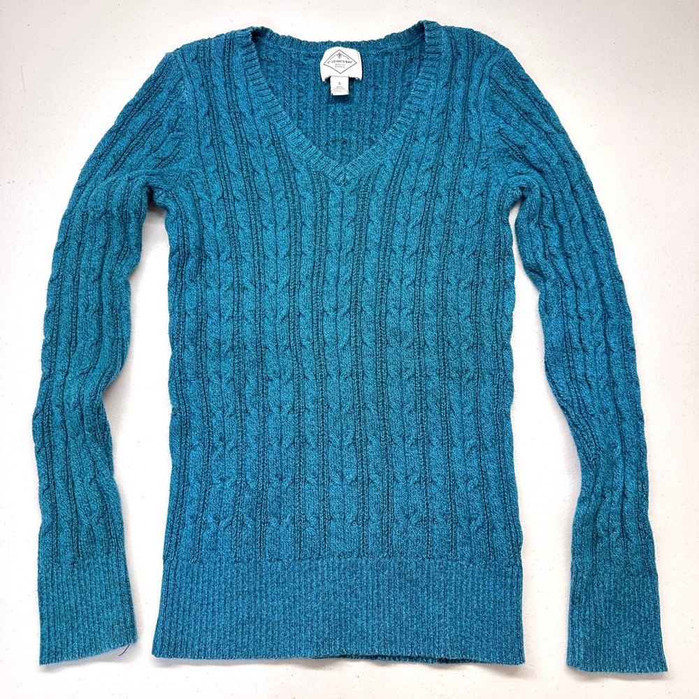 Y2K Cable Knit V Neck Sweater XS/Small Teal Fitted Long Sleeve Mermaid Fairy